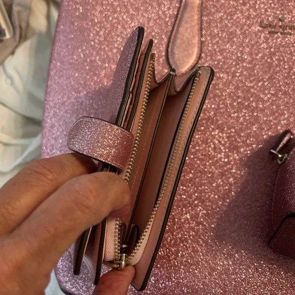 kate spade Metallic Rose Pink Glitter Tote with Wallet & Pouch - Picture 4 of 13